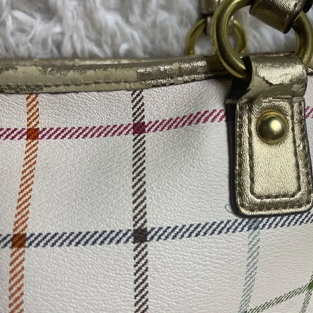 Coach Peyton Tattersal PVC Beige Plaid  Shoulder Purse gold trims & straps